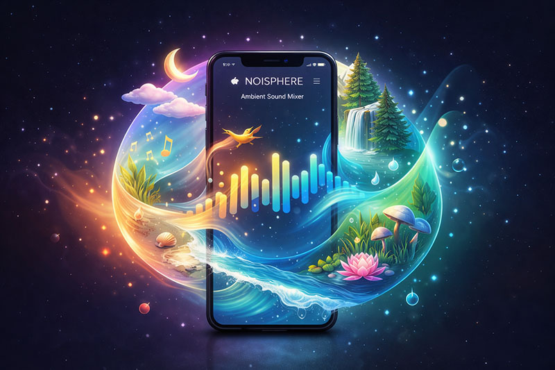 Noisphere app preview — ambient sound mixing interface